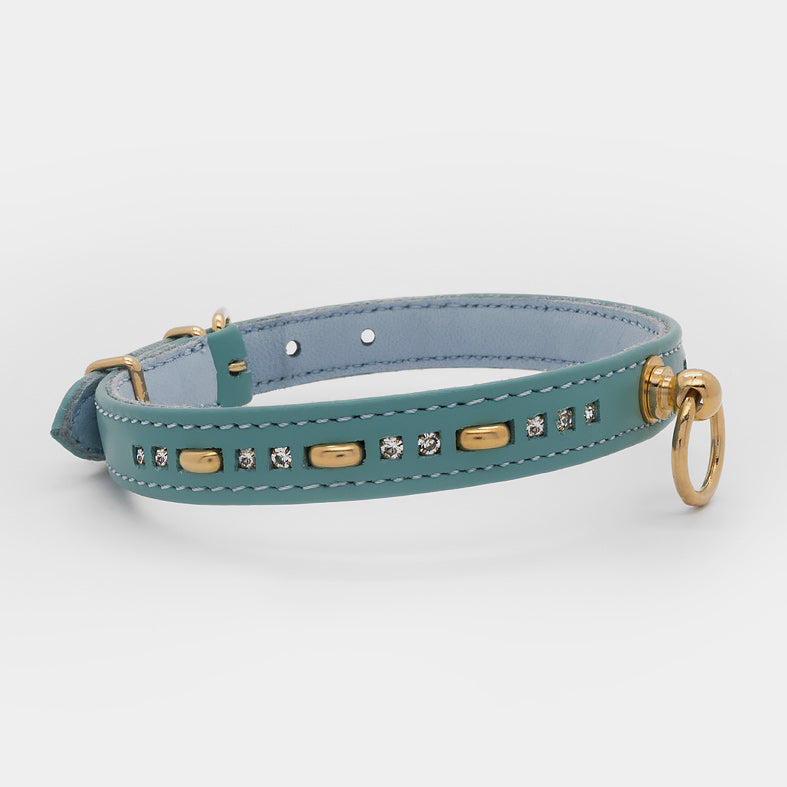 Collare in Pelle Turchese con BORCHIE e STRASS