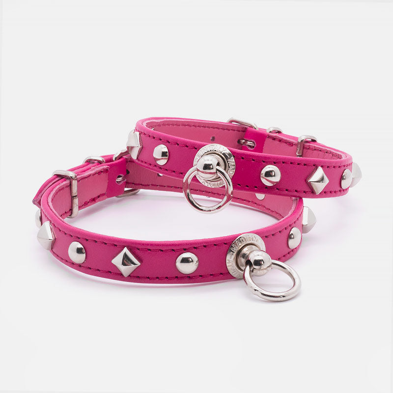Collare in Pelle Fucsia PIRAMIDI e SFERE