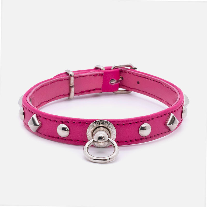 Collare in Pelle Fucsia PIRAMIDI e SFERE
