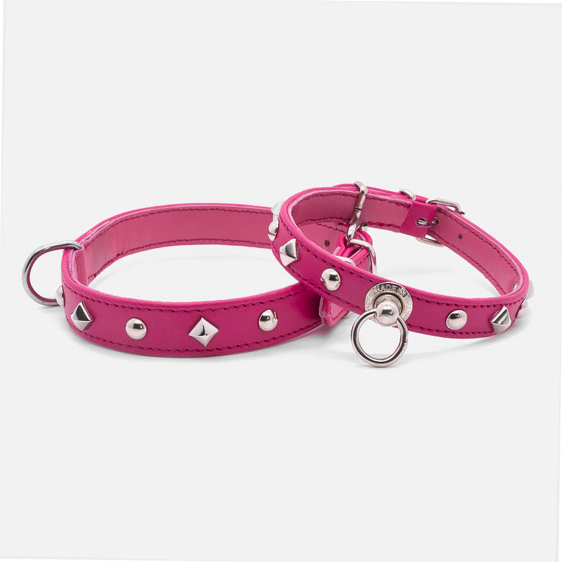 Collare in Pelle Fucsia PIRAMIDI e SFERE