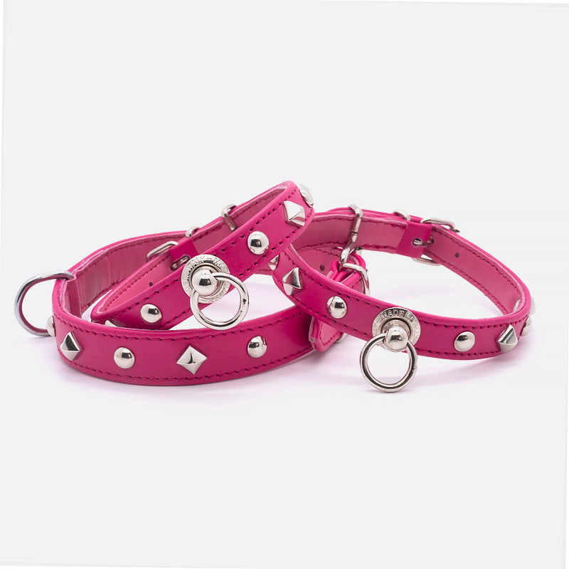 Collare in Pelle Fucsia PIRAMIDI e SFERE