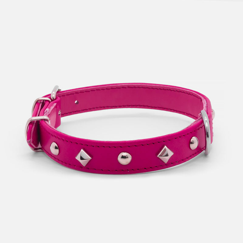 Collare in Pelle Fucsia PIRAMIDI e SFERE