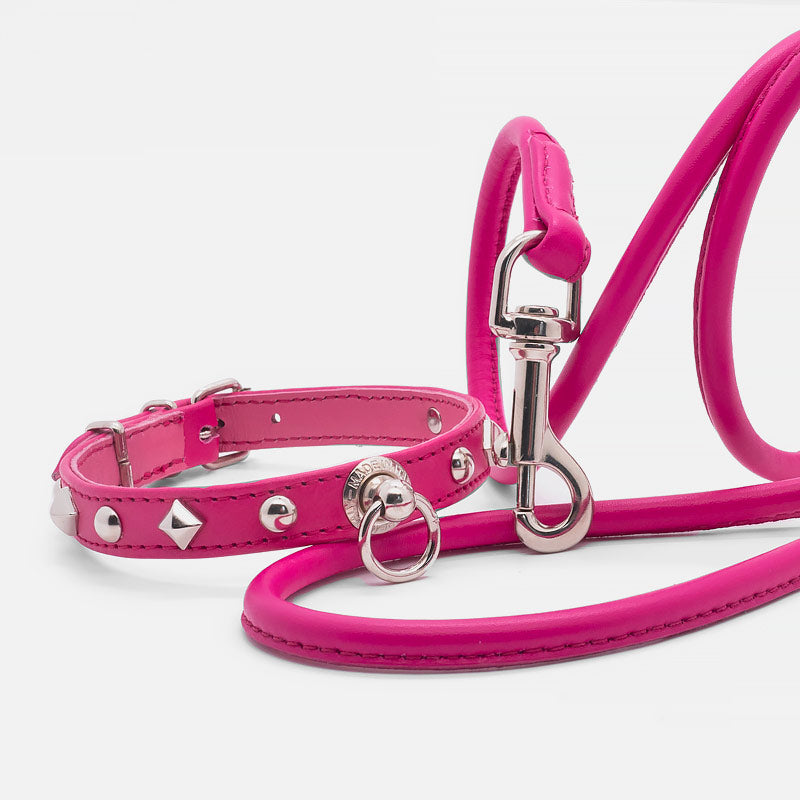 Collare in Pelle Fucsia PIRAMIDI e SFERE