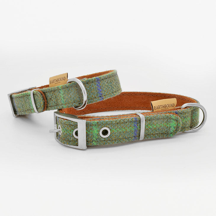 Collare in Pelle e Tweed Tartan GREEN