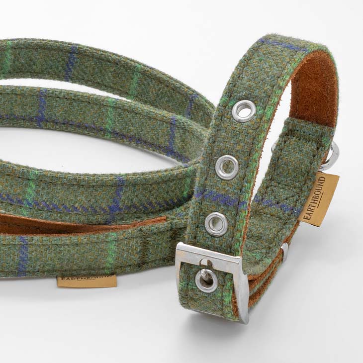 Collare in Pelle e Tweed Tartan GREEN