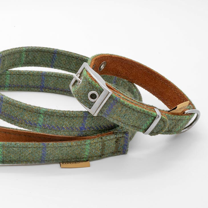 Collare in Pelle e Tweed Tartan GREEN