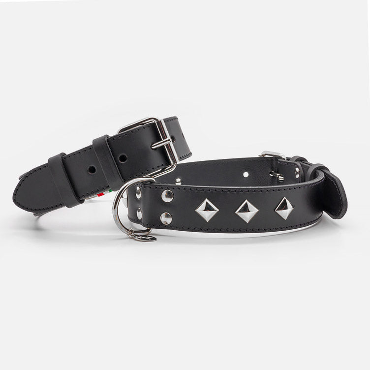 Collare in Pelle NERO PYRAMID ALTO