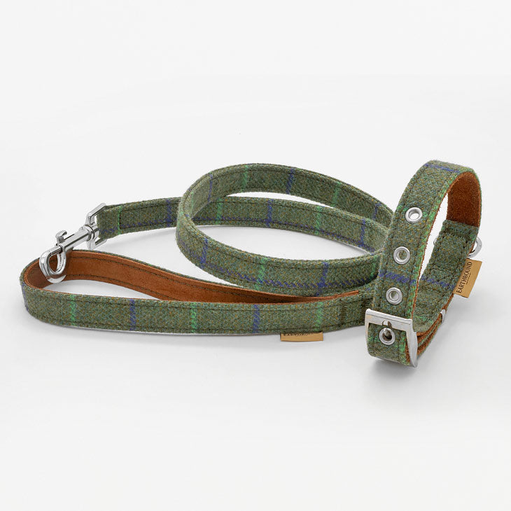 Guinzaglio in Tweed Tartan e Pelle GREEN