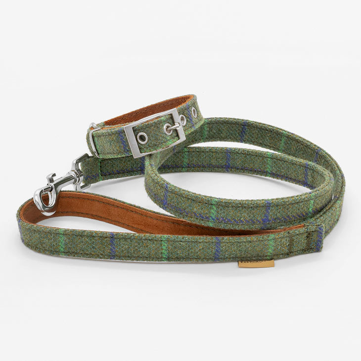 Guinzaglio in Tweed Tartan e Pelle GREEN