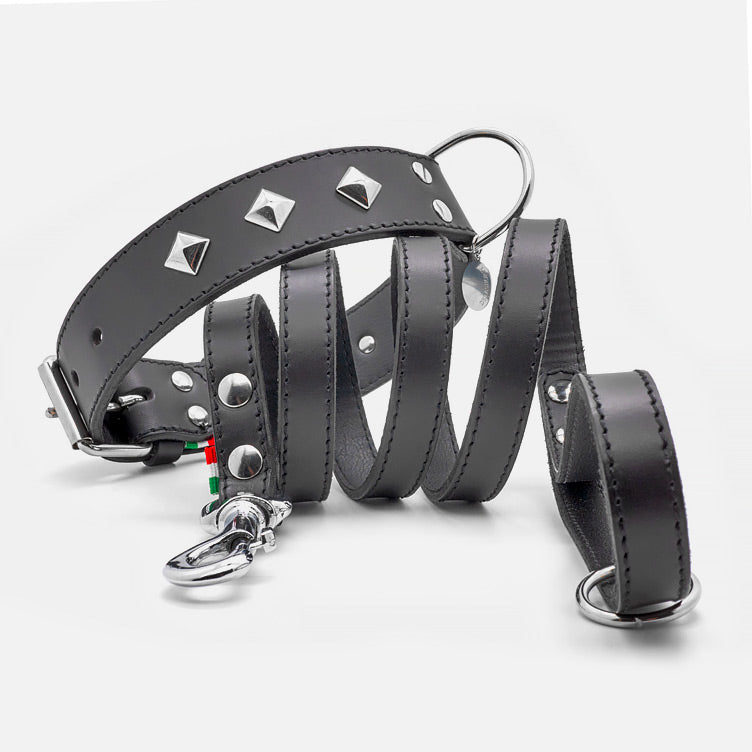 Collare in Pelle NERO PYRAMID ALTO